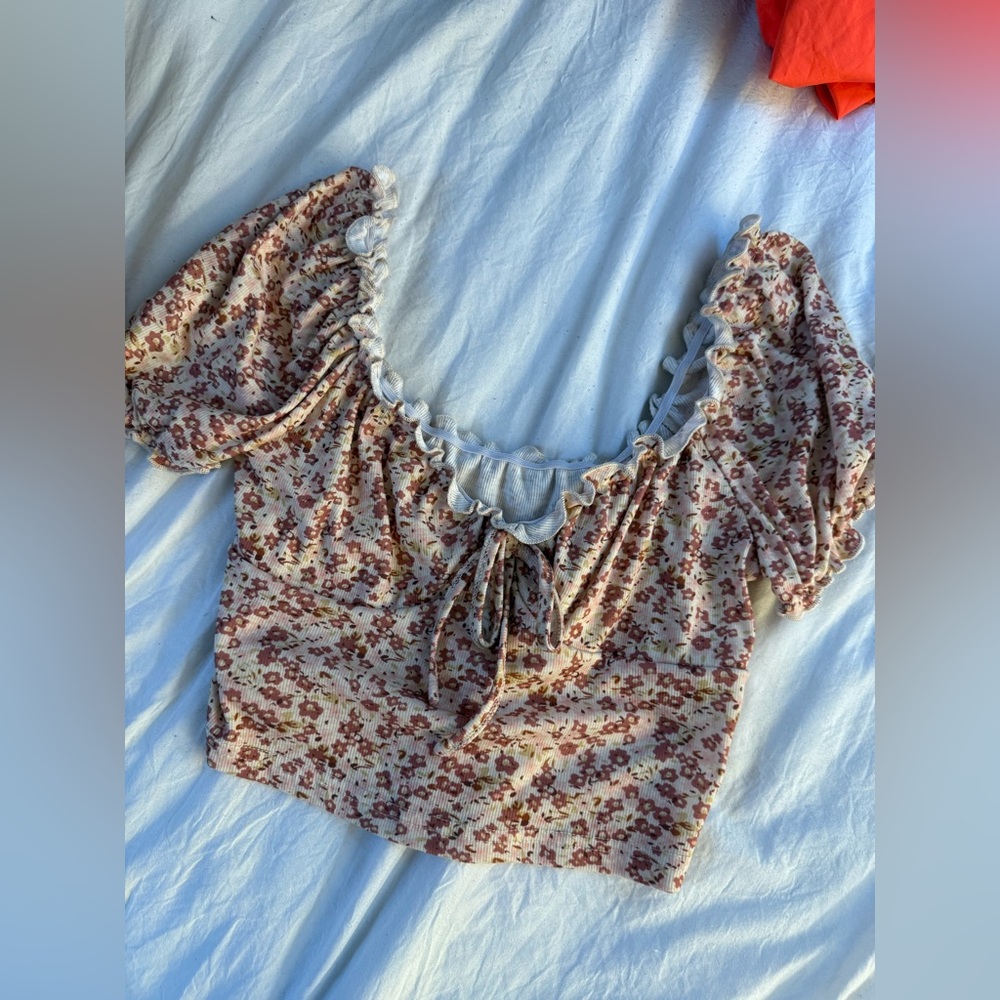 SHEIN White and Orange Ruffled Tie Front Blouse